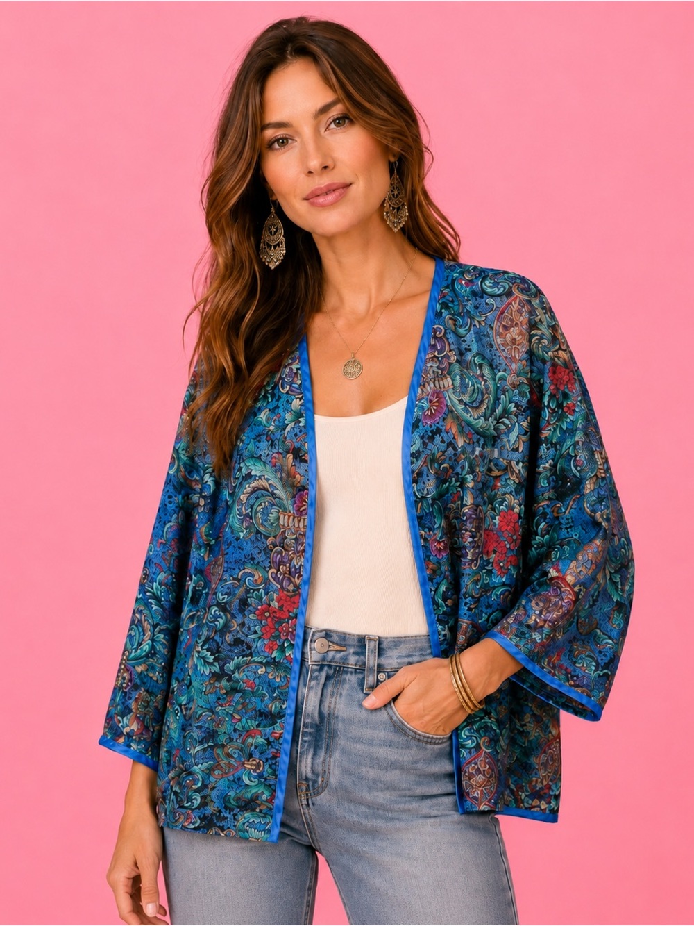 Kathryn Vintage Women's Blue Printed Blazer Jacket